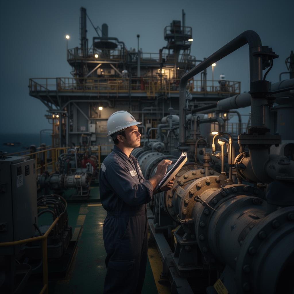 Field engineer inspecting offshore equipment